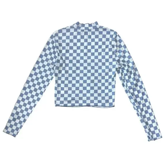 Storia Checkered Silky Long Sleeve Mock Neck Cinched Cropped Top Size Small NWOT - Picture 3 of 8